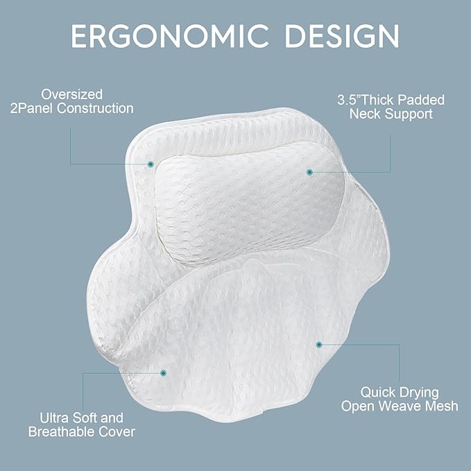 Luxury Bath Pillow for Tub - 4D Air Mesh Bathtub Pillow with 4 Non-Slip Suction Cups for Head, Neck and Back Support, Ergonomic Spa Accessories with Laundry Bag, Fits All Bathtubs