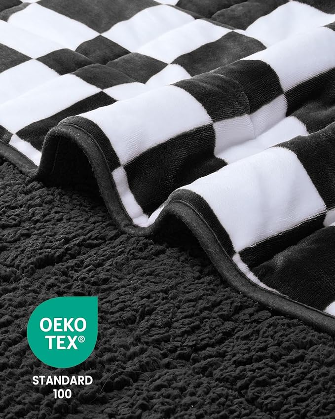 Weighted Blanket for Adults, 20lbs Sherpa Flannel Weighted Blanket Queen Size, Soft Fluffy Fleece Checkerboard Weighted Blankets for Calming and Relax, Plaid Black, 60" x 80"