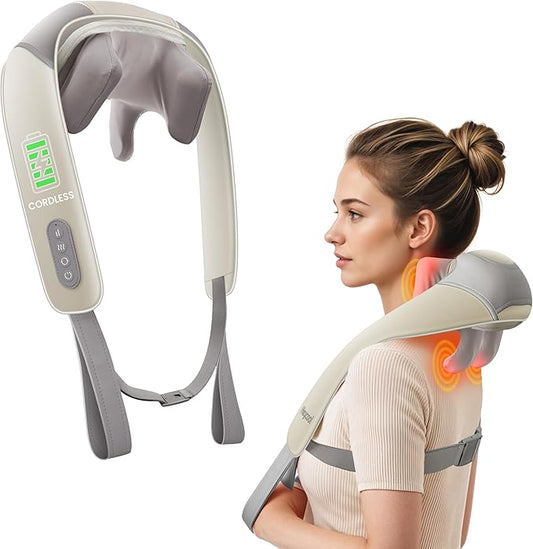 Cordless Neck Massager with Heat, 4D Deep Kneading Neck Shoulder Massager for Pain, Wireless Shiatsu Back Massager Pillow, Gifts for Men, Women Rechargeable