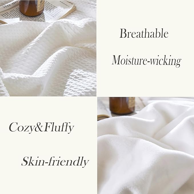CHUFFED Cotton Waffle Blanket Queen Size-Plush Milk Velvet & Reversible Waffle Weave,Anti-Static 300Gsm Design，Thick Cozy Soft Winter Blanket for Bed, Couch, Sofa - White, 90x90 Inches