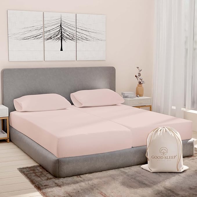 Good Sleep Bedding Split King Sheets Sets for Adjustable Bed Cotton, Luxury Sheets, Egyptian Cotton Sheets, 5 Piece 100% Cotton Split King Sheet Set, Sateen Sheetss, 2 Fitted - 16" Deep Pocket, Blush