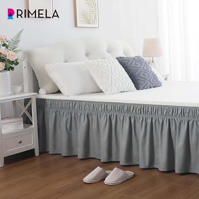 RIMELA Gray King Size Bed Skirt 18 Inch Drop, Elastic Bed Skirts Cal King Dust Ruffle, Light Grey Bedskirt for Adjustable Bed Base Solid Fade Resistant Silky Fabric Machine Washable Easy to Install