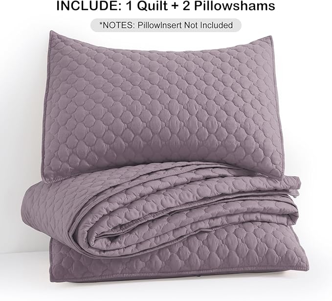 HORIMOTE HOME Quilt Queen Size Grayish Purple, Lightweight Quilt for Summer Ultra-Soft Microfiber Modern Style Quilted Clouds Pattern Bedspread Quit Set 3 Pieces(1 Quilt and 2 Pillow Shams)