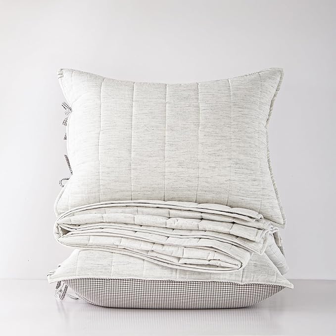 White Twin Quilt， Cotton Linen Twin Quilt Bedding Set，2-Pieces Quilted with Grey Gingham Coverlet Light Weight Bedding comforters with 1 Pillow Sham
