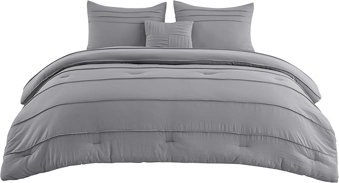 Bedsure California King Comforter Set - 4 Pieces Pinch Pleat Bed Set, Grey Boho Bedding for All Season, 1 Soft Comforter, 2 Pillowcases, 1 Decorative Pillow