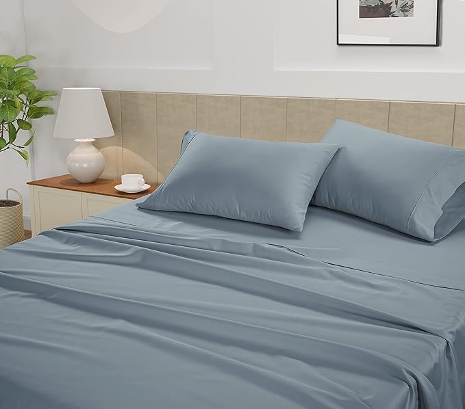 LANE LINEN Deep Pocket California King Sheet Set – 450 Thread Count 100% Long Staple Cotton, Soft Breathable Sateen Weave, 15” Fully Elasticized Fitted Sheet, Hotel Bedding & Pillowcases, French Blue