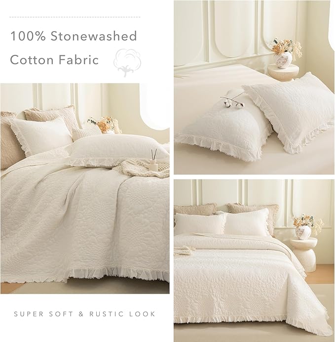 QSH 3PCs Milk White Oversized King Quilt Bedspread Set(120"x120"),Stonewashed Cotton Ruffled Quilt California King,Ultra Soft Lightweight Crinkled Shabby Bedspread Coverlet Bedding Set for All Seasons