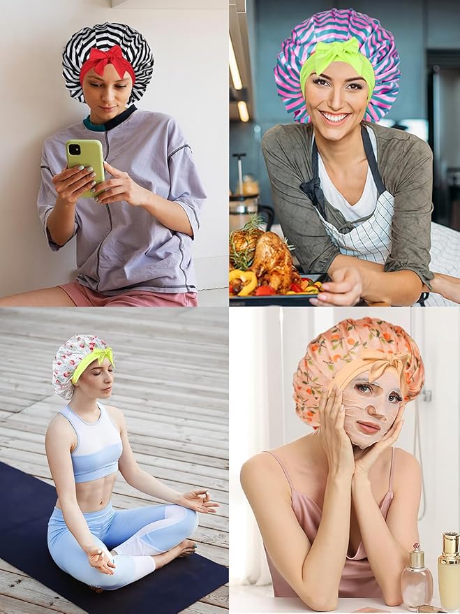 Floral Satin Bonnet For Sleeping Women Double Layer Pleated Design Adjustable Shower Cap For Curly Hair Pink Green Stripes