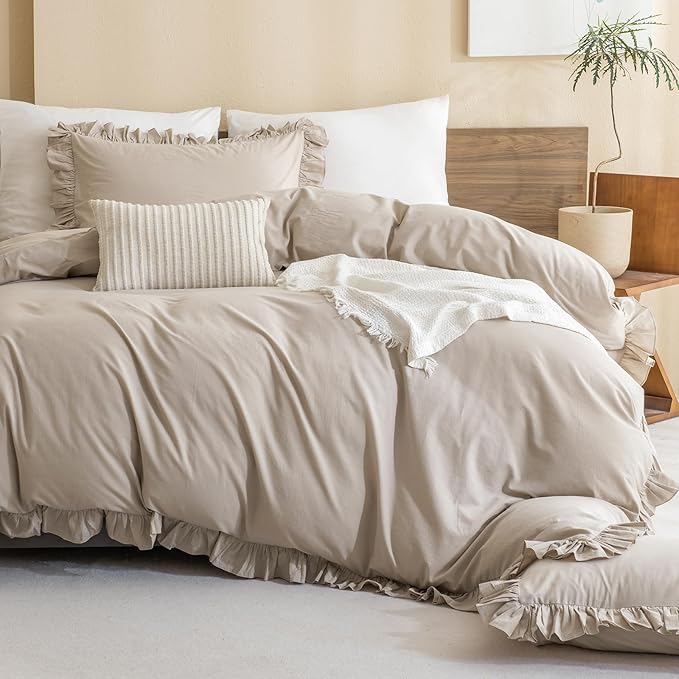 QSH Washed Cotton Duvet Cover King Ruffle Duvet Cover Linen Textured Farmhouse Shabby Vintage Chic Bedding Comforter Cover 3 PCs Aesthetic French Country Vintage King Bedding
