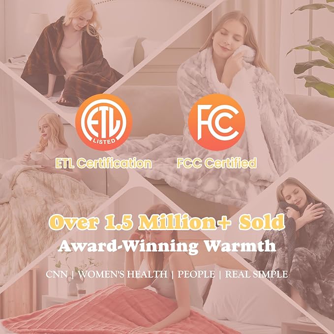 Heated Throw Blanket Faux Fur & Sherpa, Safe Electric Blanket ETL & FCC Certified, Soft Warm 6 Heating Levels & 4 Hours Auto-Off, Machine Washable, 50"x60" Beige