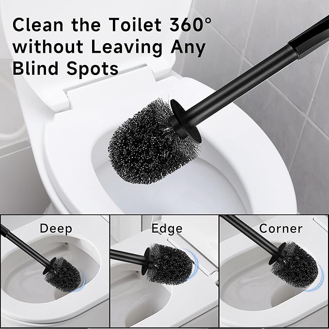 Toilet Brush and Holder Set, 2 Pack Toilet Bowl Brush with Long Non-Slip Handle, Deep Toilet Cleaner Brush, Toilet Scrubber, Black