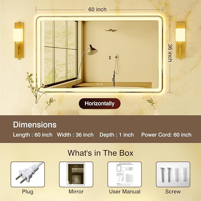 60X36 LED Bathroom Mirror with Lights, Dimmable Anti Fog Wall Bathroom Mirror with Led Lights, 3 Colors, Backlit + Frontlit Bathroom Vanity Mirror