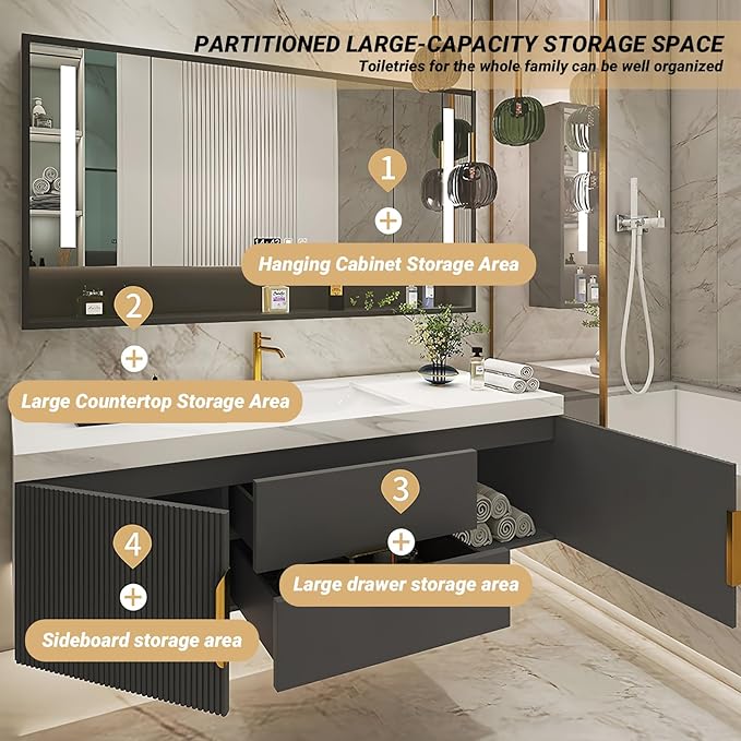Bathroom Vanity with Single Sink, Modern Bathroom Vanities Compo Includes LED Smart Defogging Mirror Cabinet and Open Shelf, Solid Wood Bathroom Sink Vanity with Slate Countertop (Dark Grey,48")