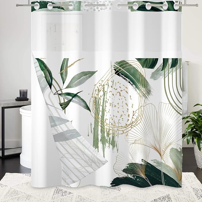 Boho Shower Curtain No Hooks with Snap in Fabric Liner Set,Modern Boho Shower Curtains Hotel Bathroom Decor,with See Through Top Window,Green Botanical Sage Fabric Waterproof Shower Curtain,71W x 74H