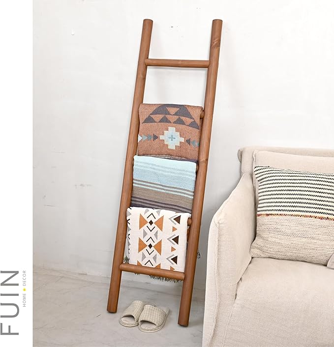 FUIN Fully Assembled 57in Wood Blanket Ladder Living Room Decorative Wall Leaning Farmhouse Quilt Display Holder Rustic Wooden Towel Rack for Bathroom, Dark Brown
