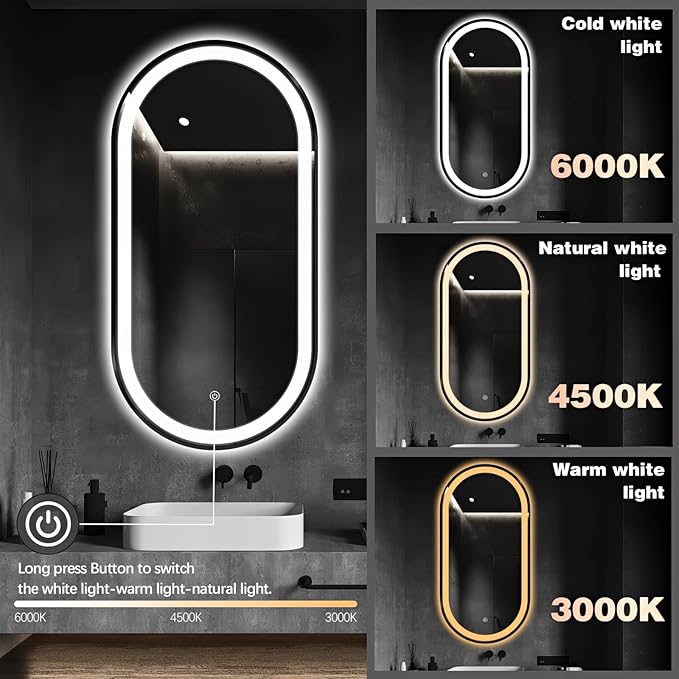 51" x 27" Oval LED Bathroom Mirror with Lights, Black Metal Framed Anti-Fog LED Vanity Mirror, Lighted Bathroom Mirrors Wall Mounted, Stepless Dimmable, Shatter-Proof, Horizontal/Vertical