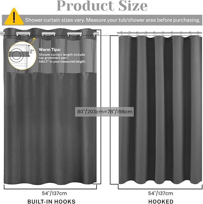 No Hook Shower Curtain with Snap in Liner Set Waffle Shower Curtain for Bathroom Hotel Style Fabric Waterproof Inner Liner，54" W x 80" H, Dark Grey