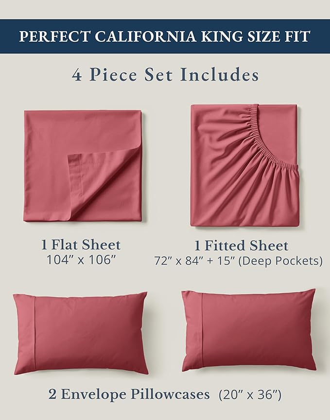 LANE LINEN 100% Organic Cotton California King Sheets Set, 4-Piece Pure Organic Cotton Long Staple Percale Weave Soft Best Bedding Sheets for Bed, Breathable, Fits Mattress Upto 15" Deep - Mineral Red
