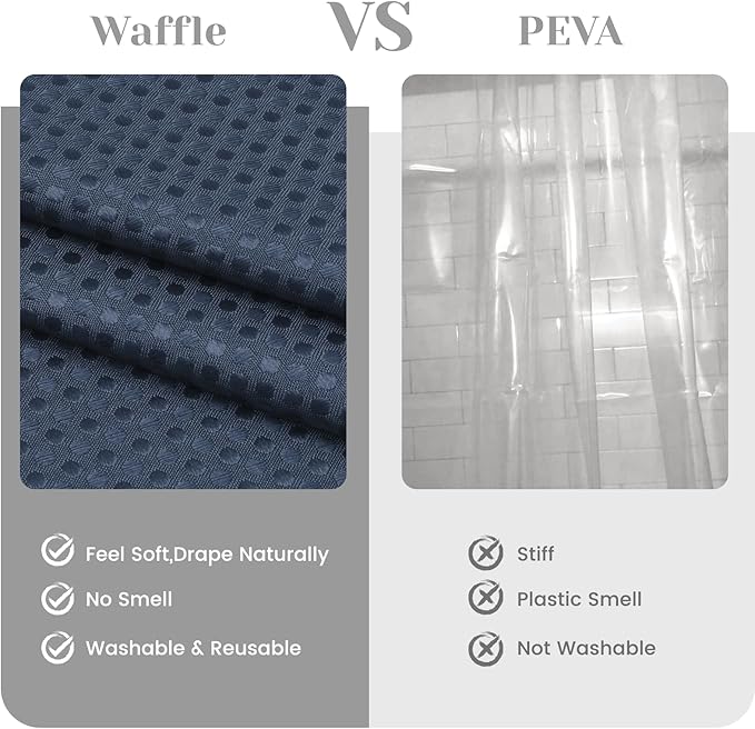 No Hook Shower Curtain with Snap in Liner Set Waffle Shower Curtain for Bathroom Hotel Style Fabric Waterproof Inner Liner，54" W x 80" H, Navy Blue