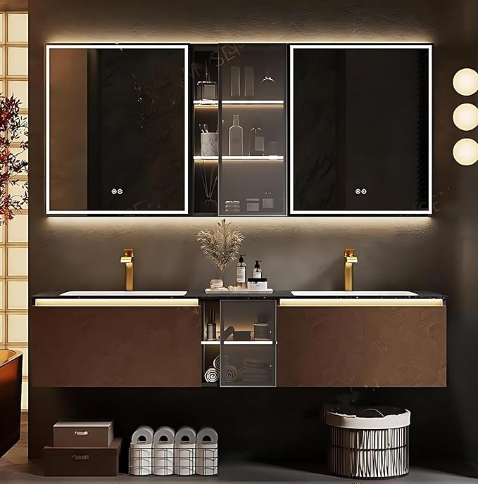 100" Double Bathroom Sink Vanity, Modern Bathroom Vanity Includes LED Smart Defogging Mirror Cabinet & Semi-Open Storage & Ceramic Basin, Floating Bathroom Cabinet with Sensor Light (Dark Brown)