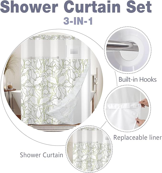 Leaves Shower Curtain No Hooks with Liner for Bathroom Decor,Green Leaves Line Shower Curtain with See Through Top Window,Modern Simple Art Hotel Style,Waterproof Washable,Easy to Install,71x74 Inch