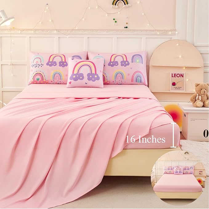 ANGIYUIN 6 Pieces Full Size Kids Comforter Set for Girls Colorful Rainbow Bed in A Bag with Sheets Cute Cartoon Clouds, Stars, Love Hearts Printed Bedding Set for All Season, Pink, Full