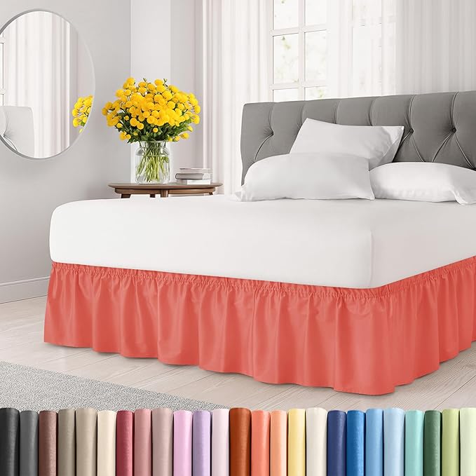 Wrap Around Dust Ruffle Bed Skirt - Coral - Twin/Twin XL Size Beds with 12 Inch Drop - Easy Fit Elastic Strap - Adjustable Pleated Bedskirt w/Brushed Fabric - Wrinkle Free - Women, Men, Kids & Teens