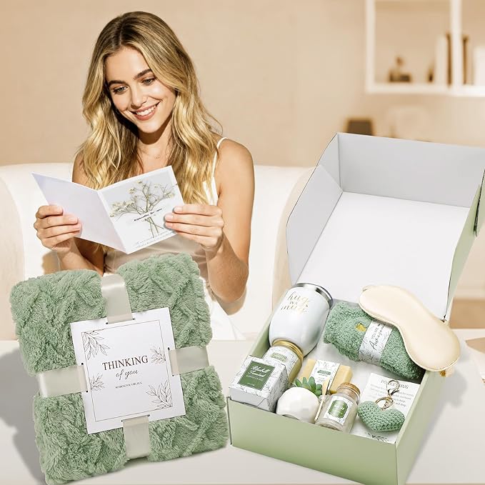 Get Well Gifts for Women Self Care Gifts Basket - Relaxing Spa Care Package After Surgery Thinking of You Birthday Gift - Feel Better Sympathy Gift Set for Her Mom Sister Friend Wife (Green)