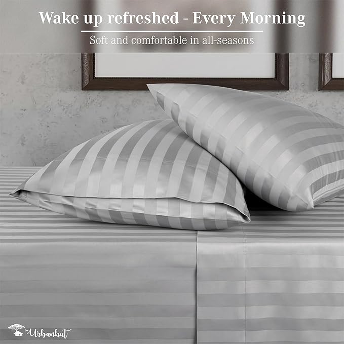 URBANHUT 1000 Thread Count Egyptian Cotton Sheets Striped King Size, Breathable Long Staple, 4 Pc Bed Sheet Sets, Luxury Hotel Sateen Sheets Fits 16" Deep Pocket - Silver Grey