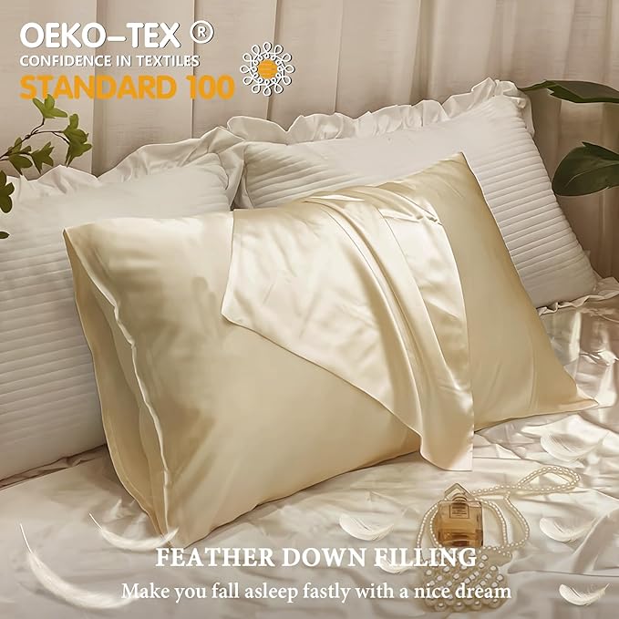 BHZ Satin Goose Down Feather Pillows Standard Size with Beige Satin Pillowcase for Hair and Skin, Cooling Pillow Cases Similar to Silk Pillow Cases, Decorative for Women, Mom Men