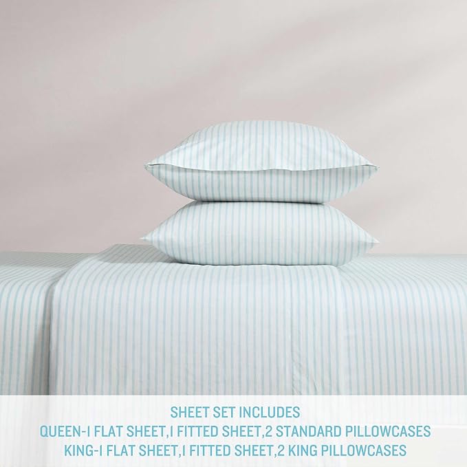 Tommy Bahama - King Sheet Set, Cotton Percale Bedding Set, Super Soft, Oeko-Tex Certified (Cool Beach Stripe Turquoise, King)