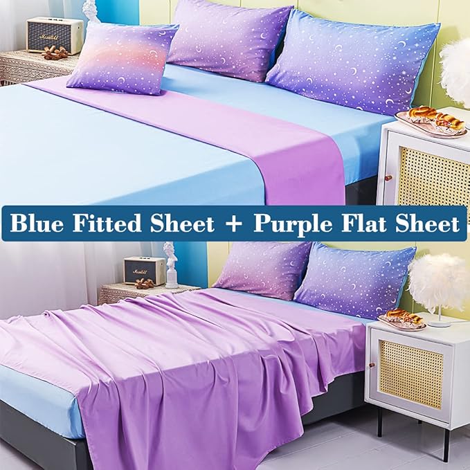 URBONUR Girls Comforter Set Full Size Gradient Purple Orange Moon Star Print Bedding Comforter with Sheets Set 6 Pcs Bed in A Bag (Comforter, Flat Sheet, Fitted Sheet, Pillowcases and Cushion Cover)