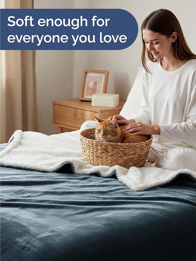 Sherpa Fleece Blanket Throw Size - Reversible Sherpa Fleece Throw Blanket - Super Soft Double Sided for Bed, Sofa, Couch - Thick, Warm, Fuzzy & Plush - Luxurious Bedding for Winter - Navy, 50" x 60"
