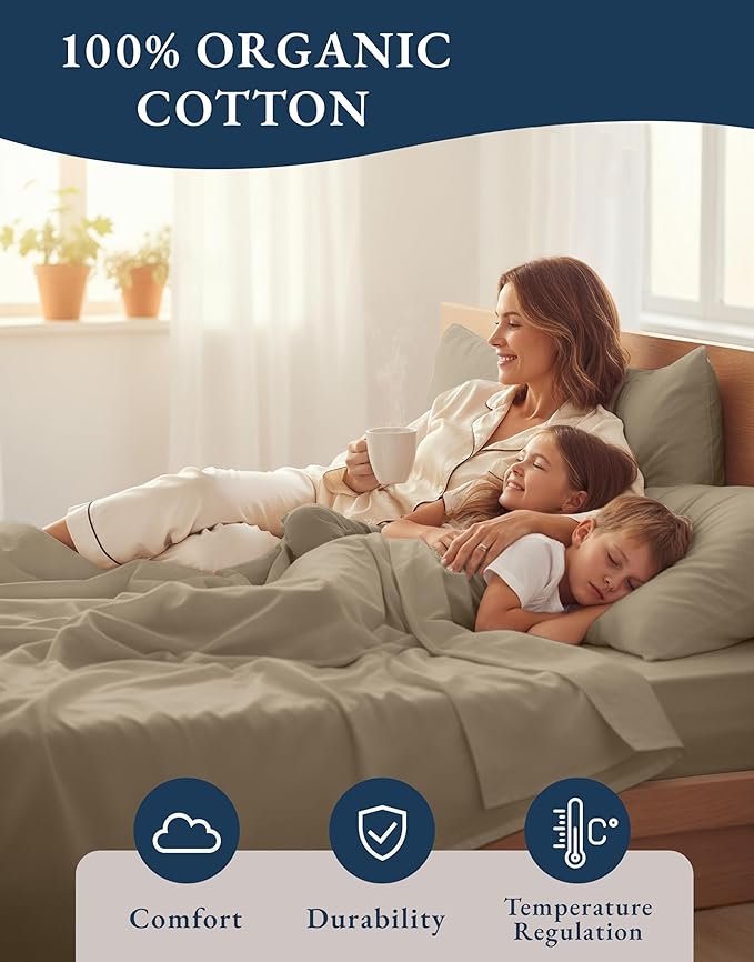 LANE LINEN 100% Organic Cotton California King Sheets Set, 4-Piece Organic Cotton Percale Weave Ultra Soft & Comfy Machine Washable Mercerized Bed Sheets, Fits Mattress Upto 15" Deep - Taupe
