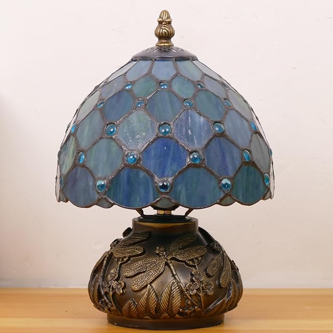 Small Tiffany Lamp Mini Stained Glass Table Lamp Sea Blue Pearl Style Mushroom Memory Sympathy Lamp 8X11 Inch
