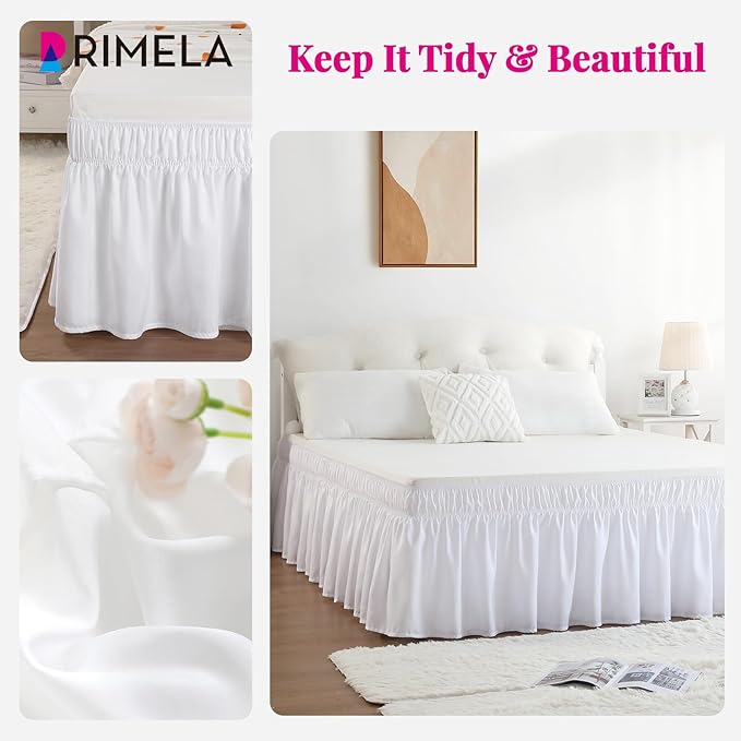 RIMELA White Bed Skirt Queen Size 18 Inch Drop, Elastic Bed Skirting for Bed Base and Frame, Bedding Dust Ruffle Easy to Install, Lightweight Wrap Around Adjustable Bedskirt