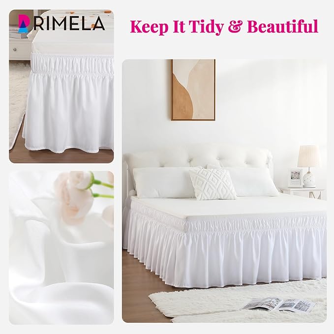 RIMELA Queen Bed Skirt 14 Inch Drop White, Wrap Around Elastic Bed Skirts Queen Size Dust Ruffle, Bedskirt for Adjustable Bed Base Solid Silky Fabric Machine Washable Easy to Install