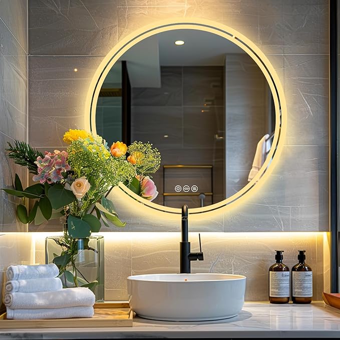 LUVODI Lighted LED Bathroom Mirror: 24”Round Wall Mounted Large Lighted Makeup Mirror with Bright Back Lit - Illuminated Dimmable 3 Colors Vanity Mirrors with Demister Pad Smart Touch Switch