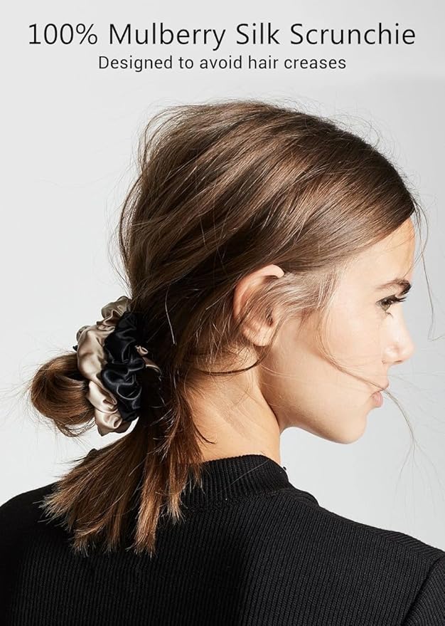 Non-Slip 100% Mulberry Silk Bonnet for Sleeping Women - Double Layer Silk Hair Wrap for Curly Hair, with Tie Bands to Secure the Cap (Black+Silver)