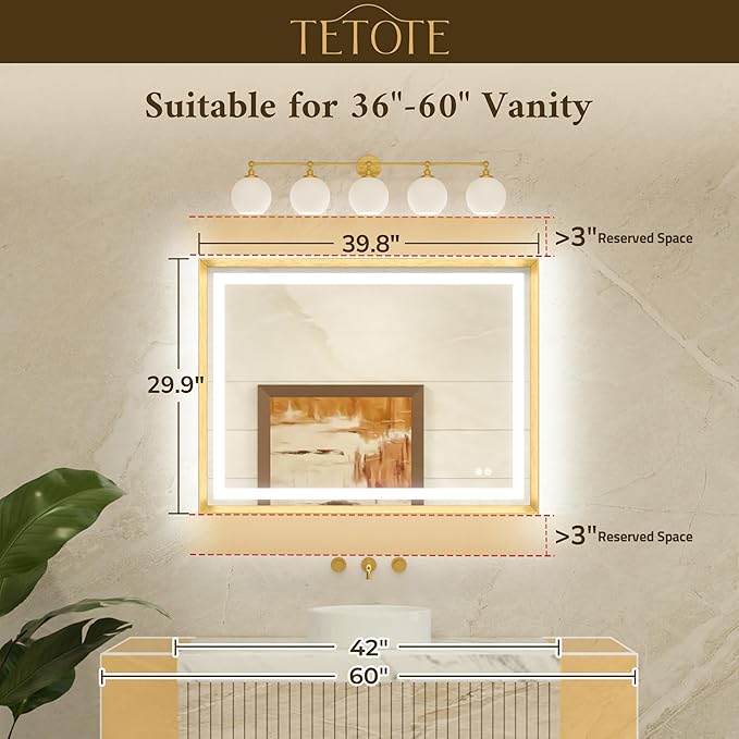 TETOTE 40 x 30 Bathroom LED Mirror Brushed Gunmetal Gray Frame Frontlit & Backlit Vanity Mirror Anti-Fog Stepless Dimmable 3 Colors White/Warm/Natural Wall-Mounted