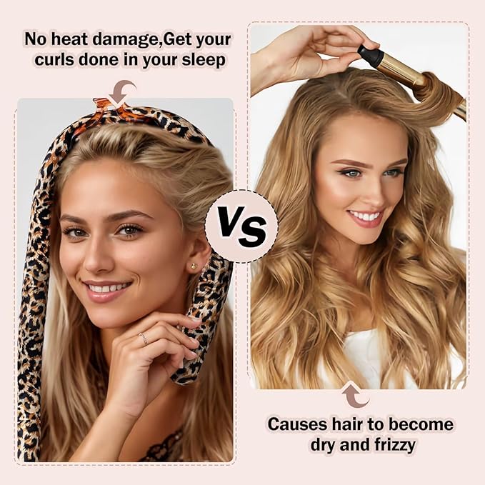 Heatless Hair Curler,Blowout Heatless Curls Overnight,No Heat Curling Rod Set with Satin Bonnet for Sleep in,Leopard