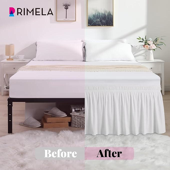 RIMELA White Bed Skirt Twin Size 12 Inch Drop, Elastic Bed Skirting for Bed Base and Frame, Bedding Dust Ruffle Easy to Install, Lightweight Wrap Around Adjustable Bedskirt