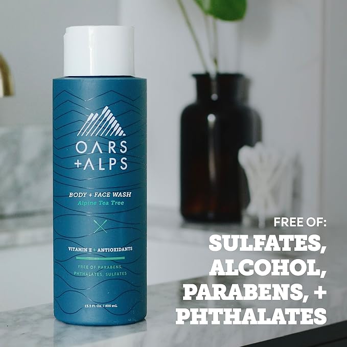 Oars + Alps Men's Moisturizing Body and Face Wash, Skin Care Infused with Vitamin E and Antioxidants, Sulfate Free, Alpine Tea Tree, 3 Pack