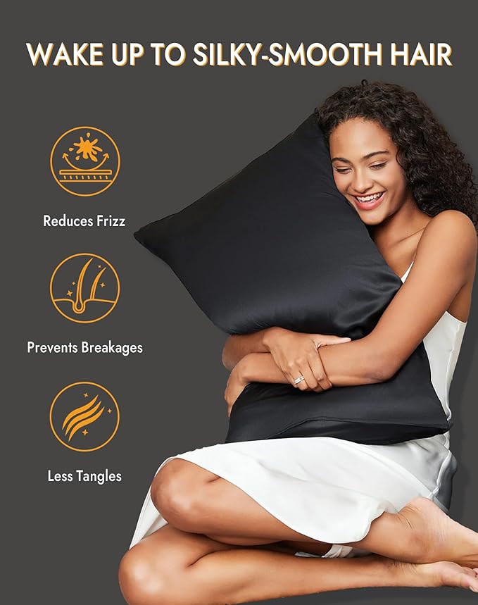 SilkSilky 100% Mulberry Silk Pillowcase - Pure 22 Momme High-Grade 6A Fibers for Hair & Skin, Envelope Closure, Natural, Organic, Breathable & Cooling Pillow Case (Standard, Black)