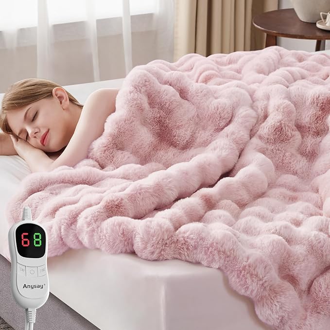 Heated Blanket Throw with 1/2/4/6/8 Hours Auto-Off 10 Heat Level, 72'' * 84'' Cozy Faux Rabbit Fur Bubble Electric Blanket with Overheat Protection(Tie-Dye Pink)