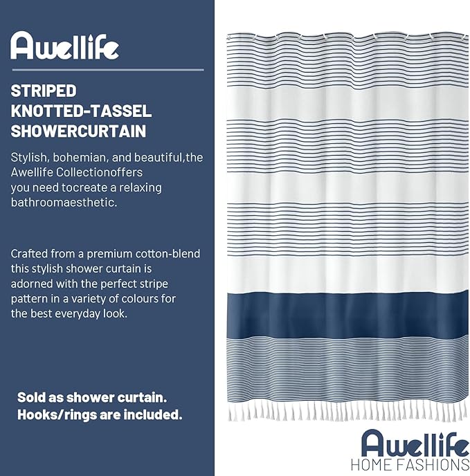 Awellife Navy Blue Shower Curtain for Bathroom Stripe Tassel Shower Curtain 72 X 72 Inches Farmhouse Cotton