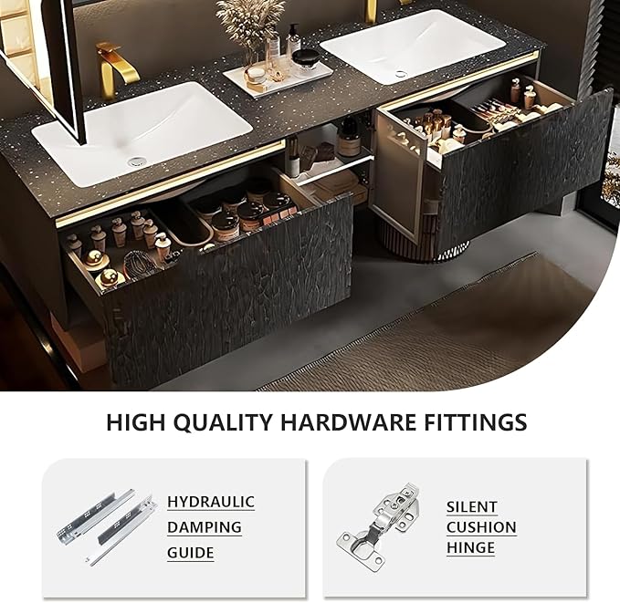 92" Double Bathroom Sink Vanity, Modern Bathroom Vanity Includes LED Smart Defogging Mirror Cabinet & Semi-Open Storage & Ceramic Basin, Floating Bathroom Cabinet with Sensor Light (Dark Brown)