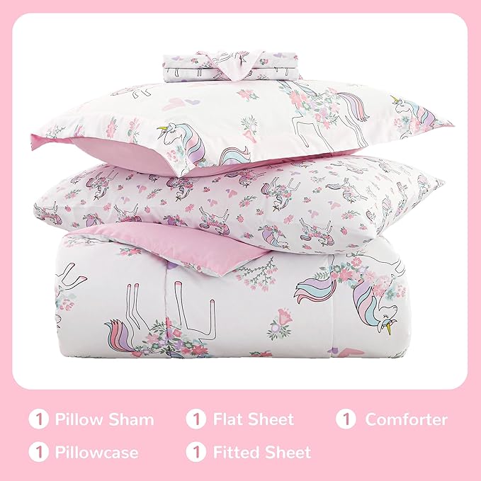 Viviland Kids Twin Bedding Sets for Girls, Soft Twin Comforter Set with Sheets, 5 Pieces Microfiber Bed in a Bag, White Unicorn