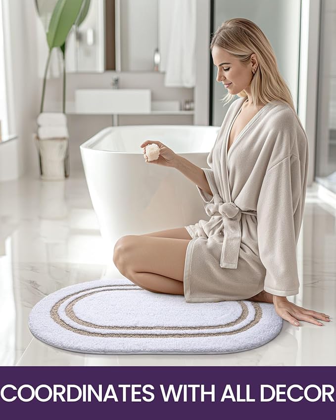 DEXI Oval Bath Mats for Bathroom, 24x36 Absorbent Bath Mat, Washable Microfiber Bathroom Rug with Non Slip Backing for Shower Floor, Beige