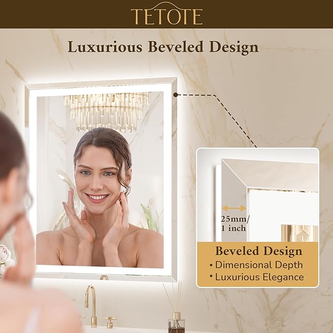 TETOTE 55 x 36 Inch Led Lighted Mirror for Bathroom Wall, Extra-Bright Beveled Bathroom Vanity Frontlit & Backlit Frameless Mirror with 3-Color Lights, Defogging, Tempered Glass, Waterproof